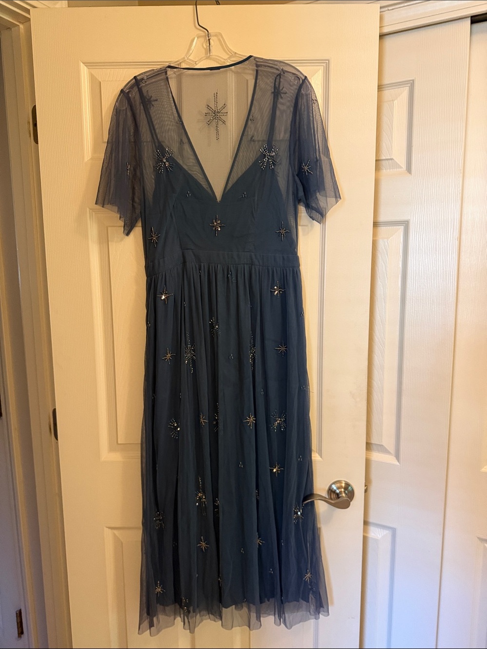 Embellished Blue V-Neck Midi Dress - Picture 8 of 17